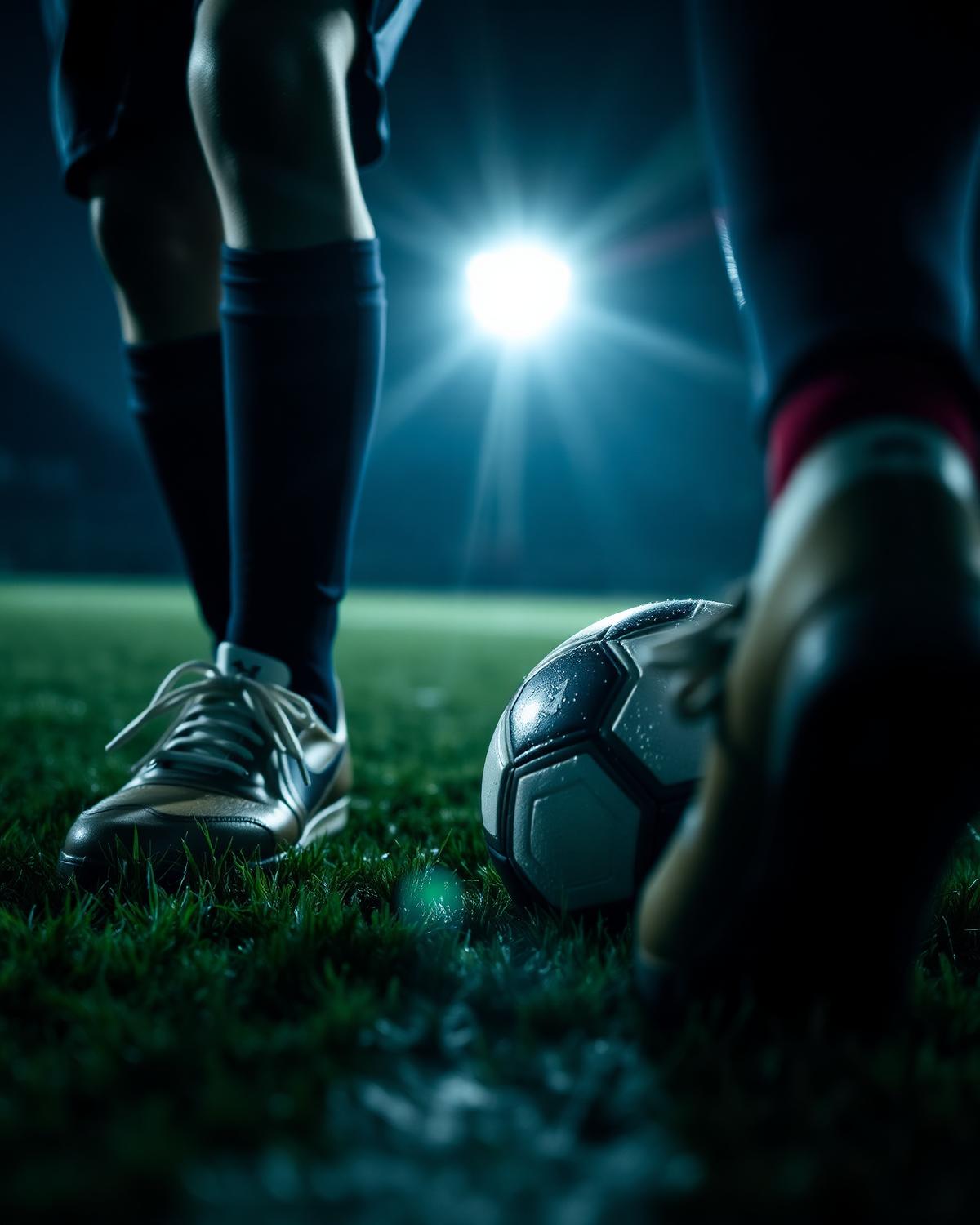 Football boots and ball on floodlit grass